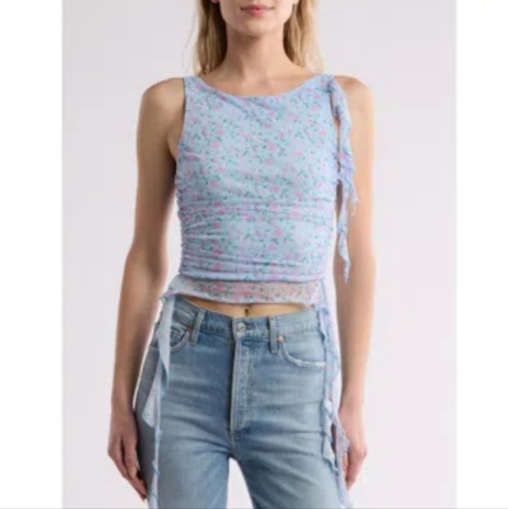 LUSH Frill Detail Mesh Top In Blue Pink Size Large